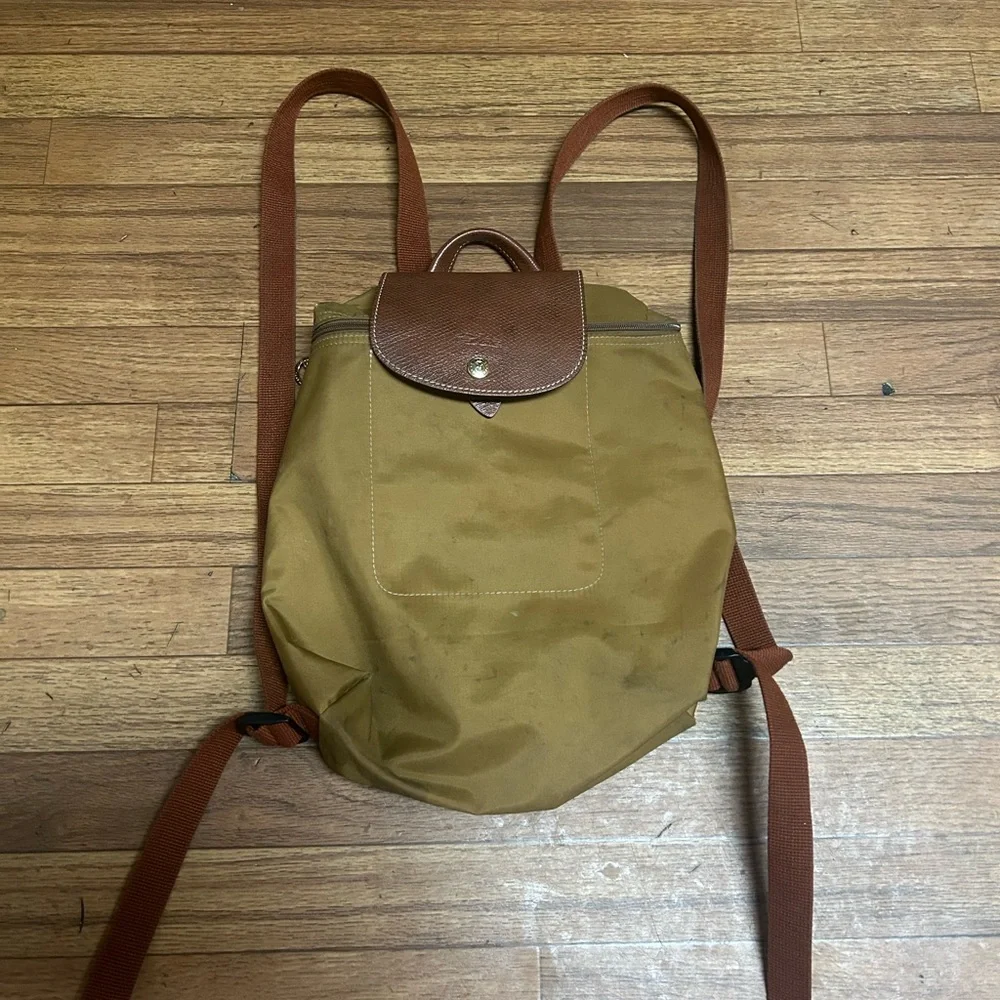Longchamp Le Pliage Nylon Sac A Dos Backpack - Olive Green Chestnut Zip Snap - Picture 5 of 7